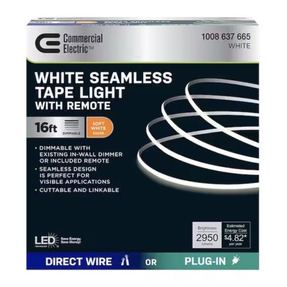 Commercial Electric White Seamless Tape Light With Remote- BRAND NEW